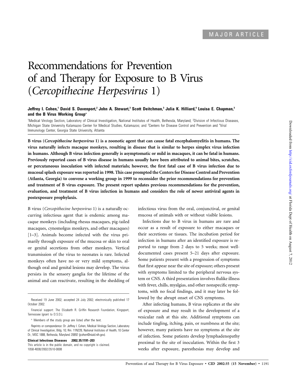 Recommendations for Prevention of and Therapy for Exposure to B Virus (Cercopithecine Herpesvirus 1)