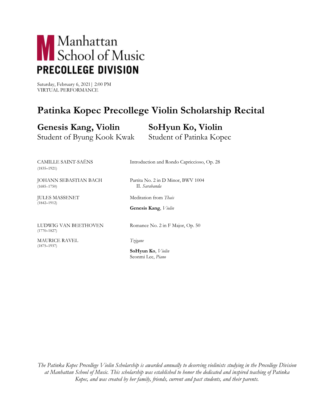 Patinka Kopec Precollege Violin Scholarship Recital