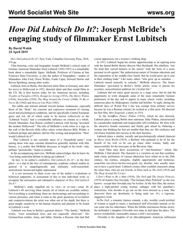 Joseph Mcbride's Engaging Study of Filmmaker Ernst Lubitsch