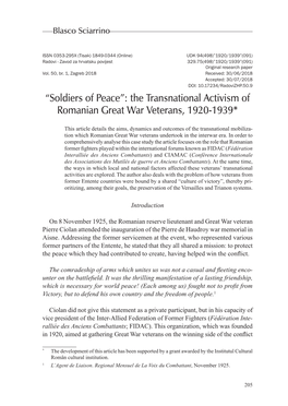 Soldiers of Peace”: the Transnational Activism of Romanian Great War Veterans, 1920-1939*