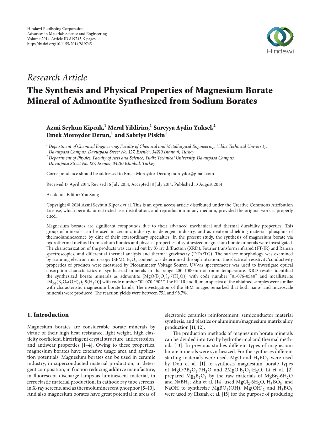 The Synthesis and Physical Properties of Magnesium Borate Mineral of Admontite Synthesized from Sodium Borates