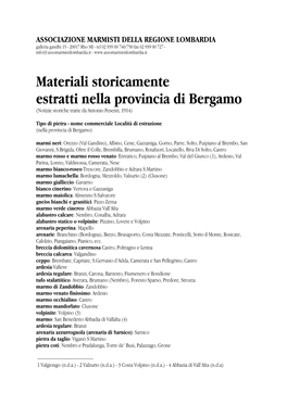 Elenco Delle Pietre Storicamente Estratte Nella Provincia Di Bergamo
