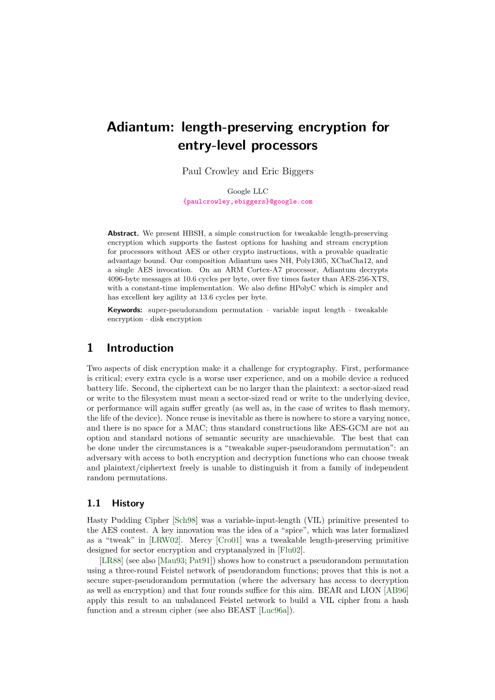 Adiantum: Length-Preserving Encryption for Entry-Level Processors