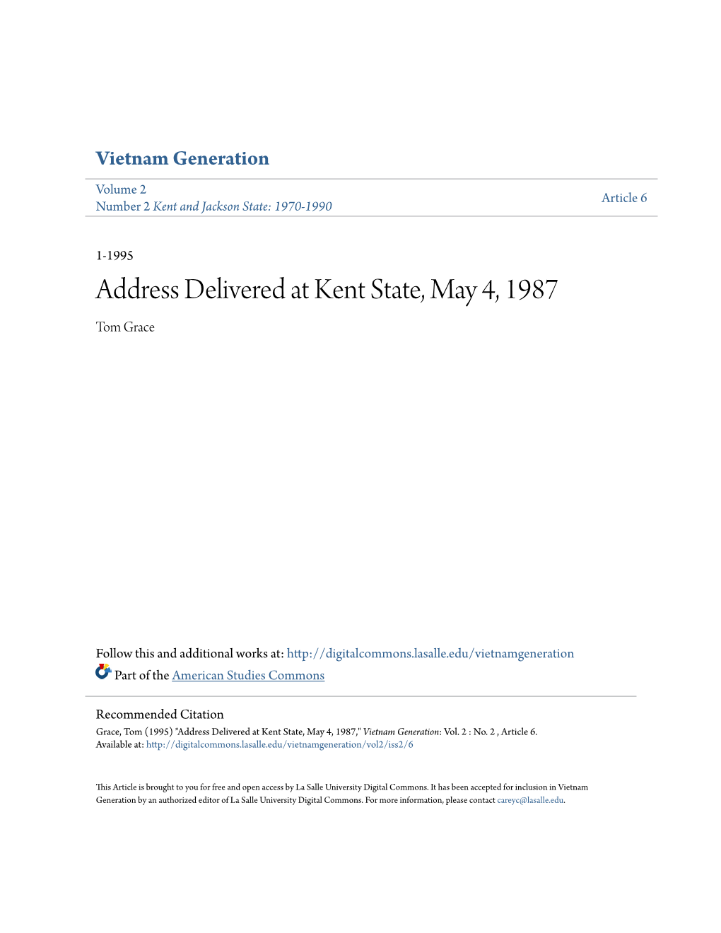 Address Delivered at Kent State, May 4, 1987 Tom Grace