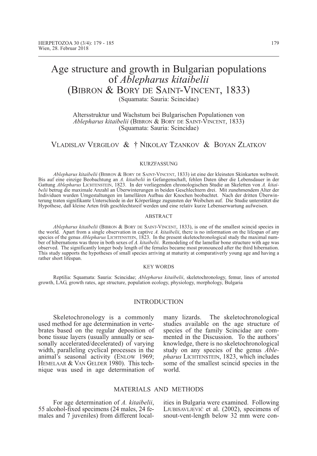 Age Structure and Growth in Bulgarian Populations of Ablepharus Kitaibelii (Bibron & B Ory De Saint -V Incent , 1833) (Squamata: Sauria: Scincidae)