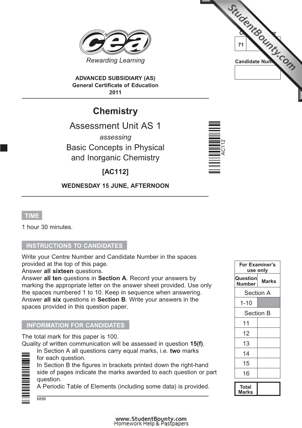 Chemistry Assessment Unit AS 1 Assessing Basic Concepts in Physical and Inorganic Chemistry AC112 [AC112]