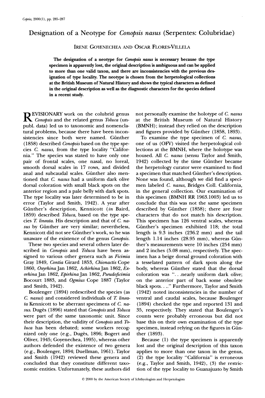 Designation of a Neotype for Conopsis Nasus (Serpentes: Colubridae)