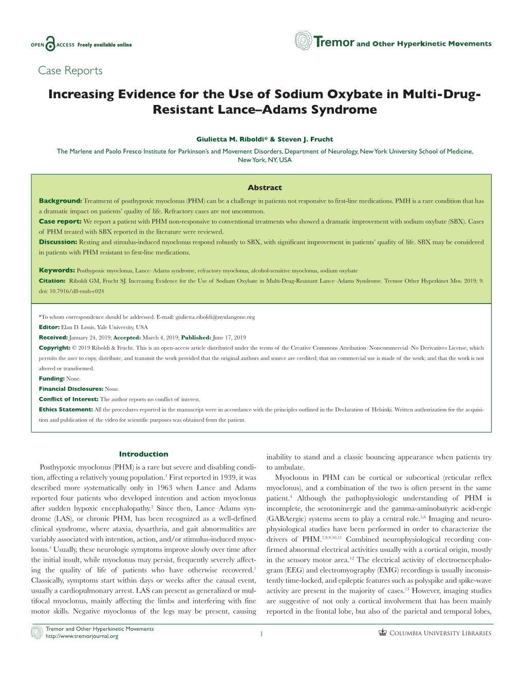 Increasing Evidence for the Use of Sodium Oxybate in Multi-Drug- Resistant Lance–Adams Syndrome