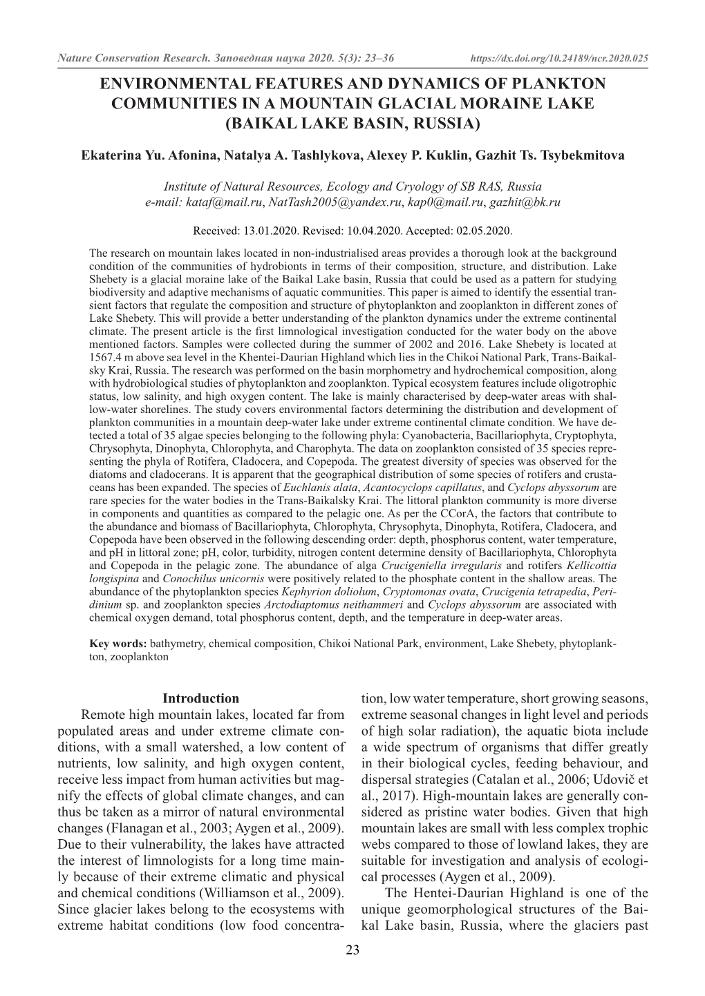 Environmental Features and Dynamics of Plankton Communities in a Mountain Glacial Moraine Lake (Baikal Lake Basin, Russia)