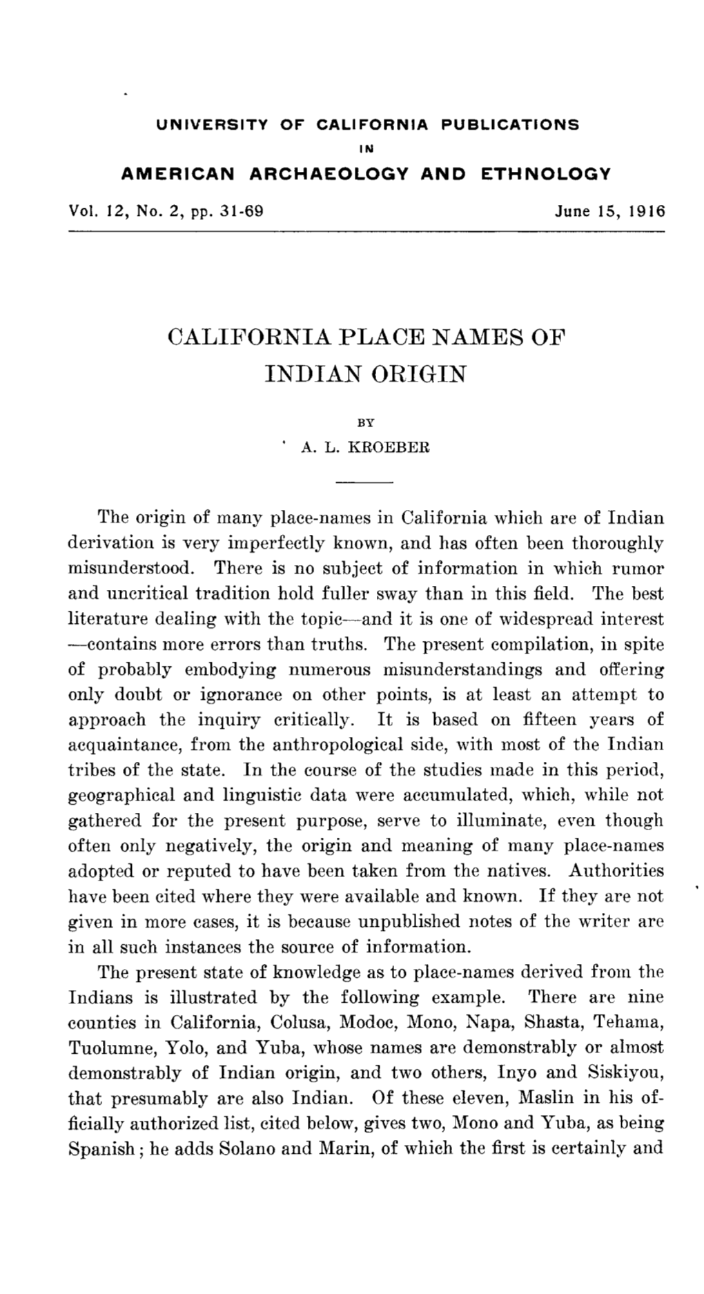 California Place Names of Indian Origin, 1916