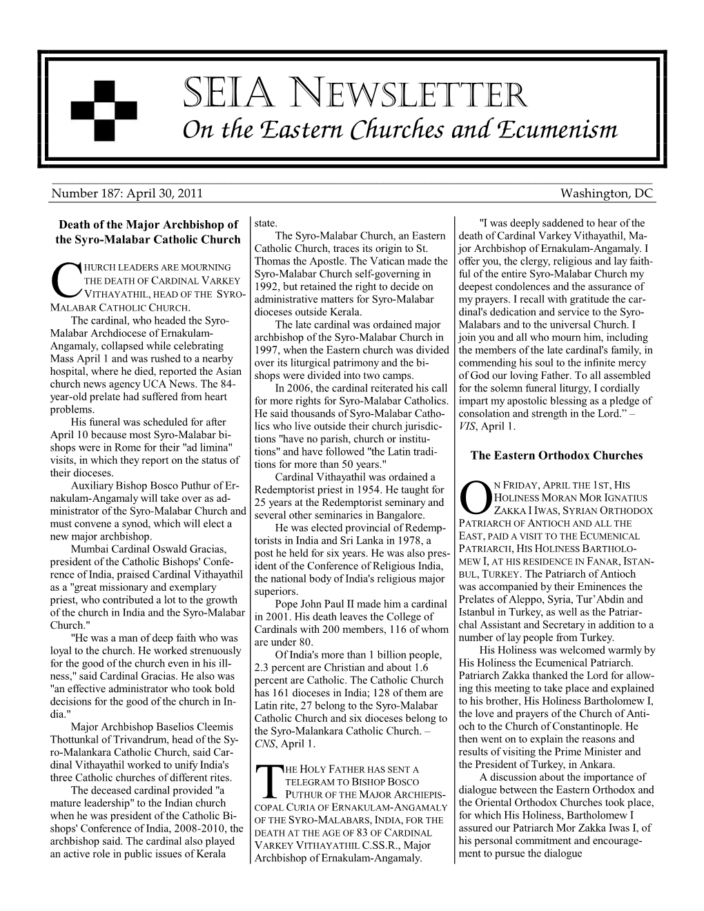 SEIA NEWSLETTER on the Eastern Churches and Ecumenism