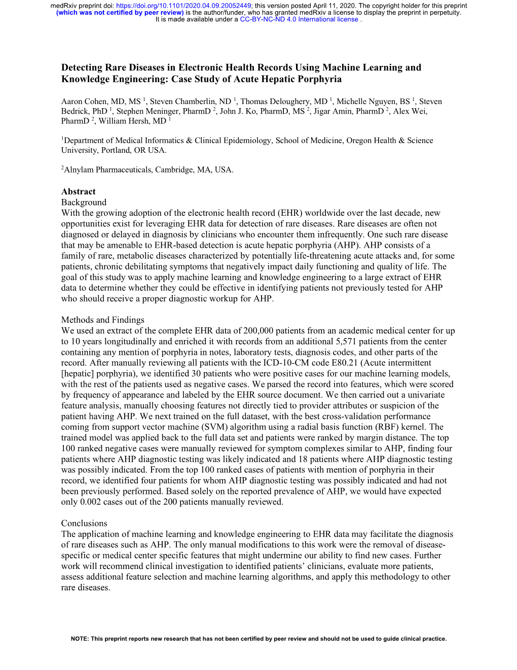 Detecting Rare Diseases in Electronic Health Records Using Machine Learning and Knowledge Engineering: Case Study of Acute Hepatic Porphyria