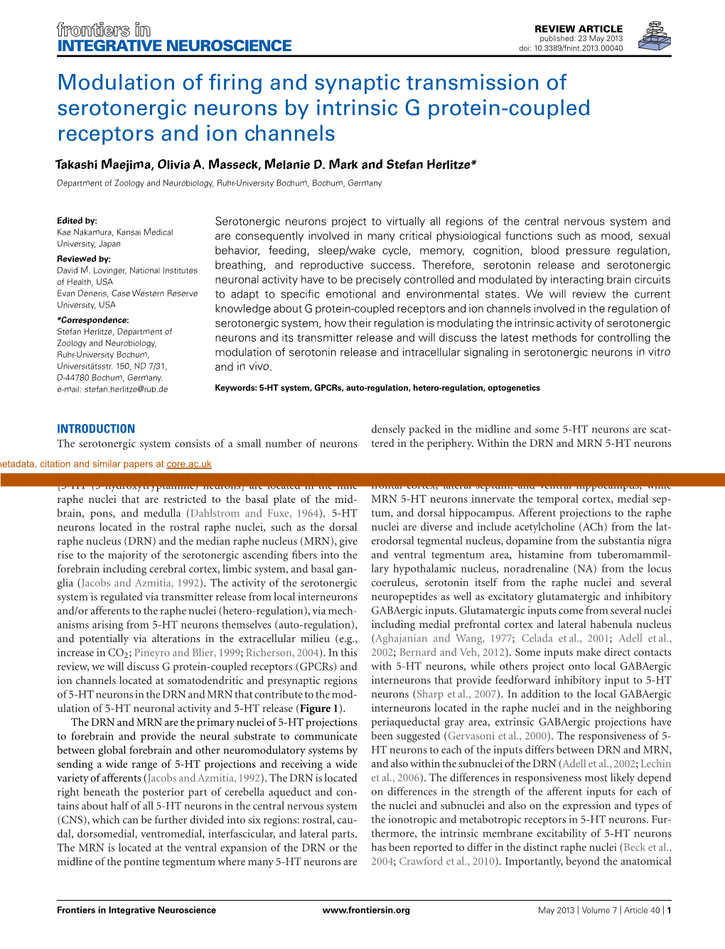 Modulation of Firing and Synaptic Transmission of Serotonergic