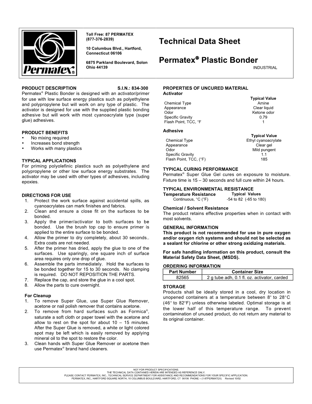 Technical Data Sheet Permatex Plastic Bonder