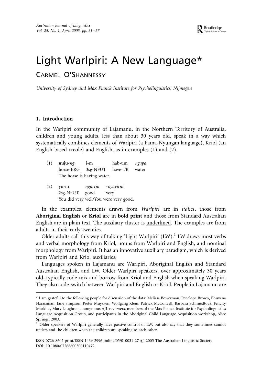 Light Warlpiri: a New Language*