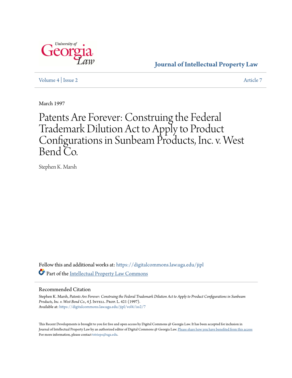 Patents Are Forever: Construing the Federal Trademark Dilution Act to Apply to Product Configurations in Sunbeam Products, Inc