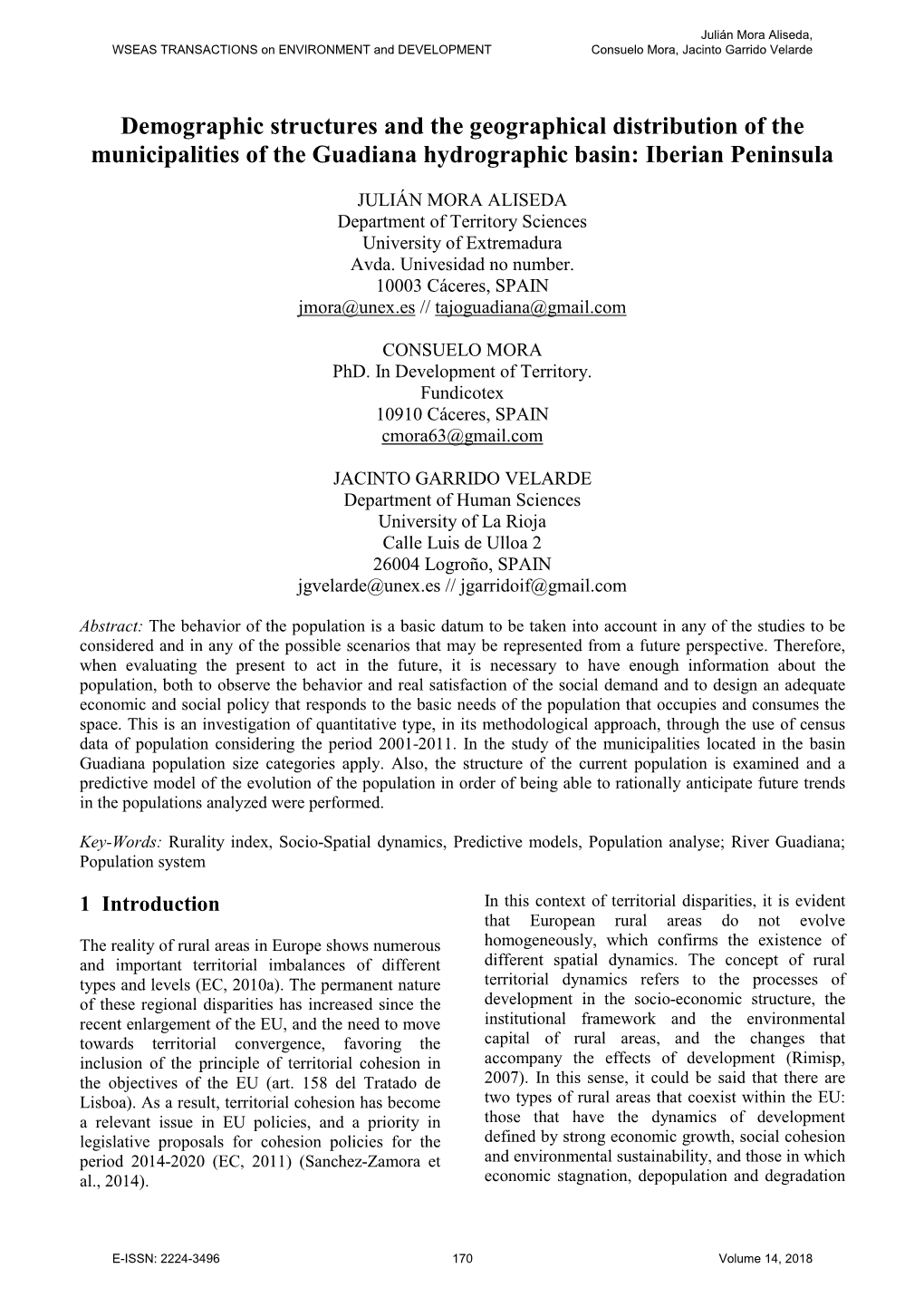 Demographic Structures and the Geographical Distribution of the Municipalities of the Guadiana Hydrographic Basin: Iberian Peninsula