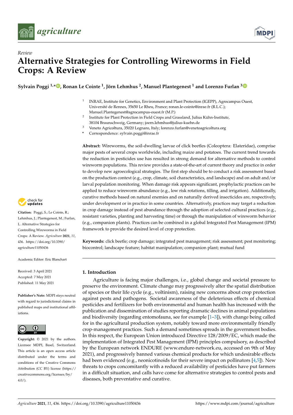 Alternative Strategies for Controlling Wireworms in Field Crops: a Review