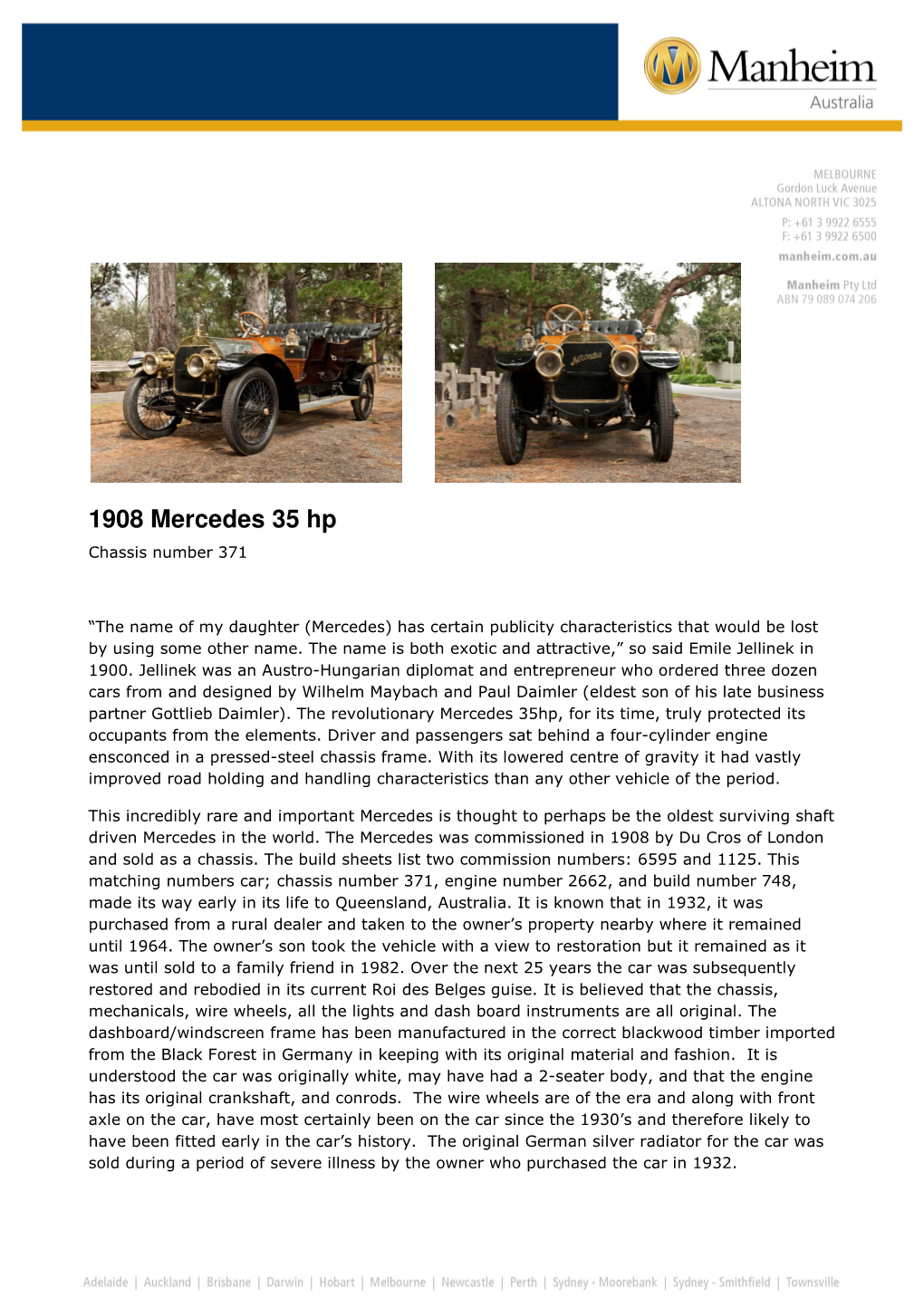 1908 Mercedes 35 Hp Chassis Number 371