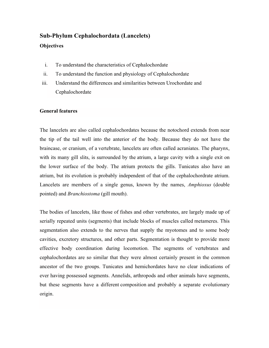 Sub-Phylum Cephalochordata (Lancelets) Objectives