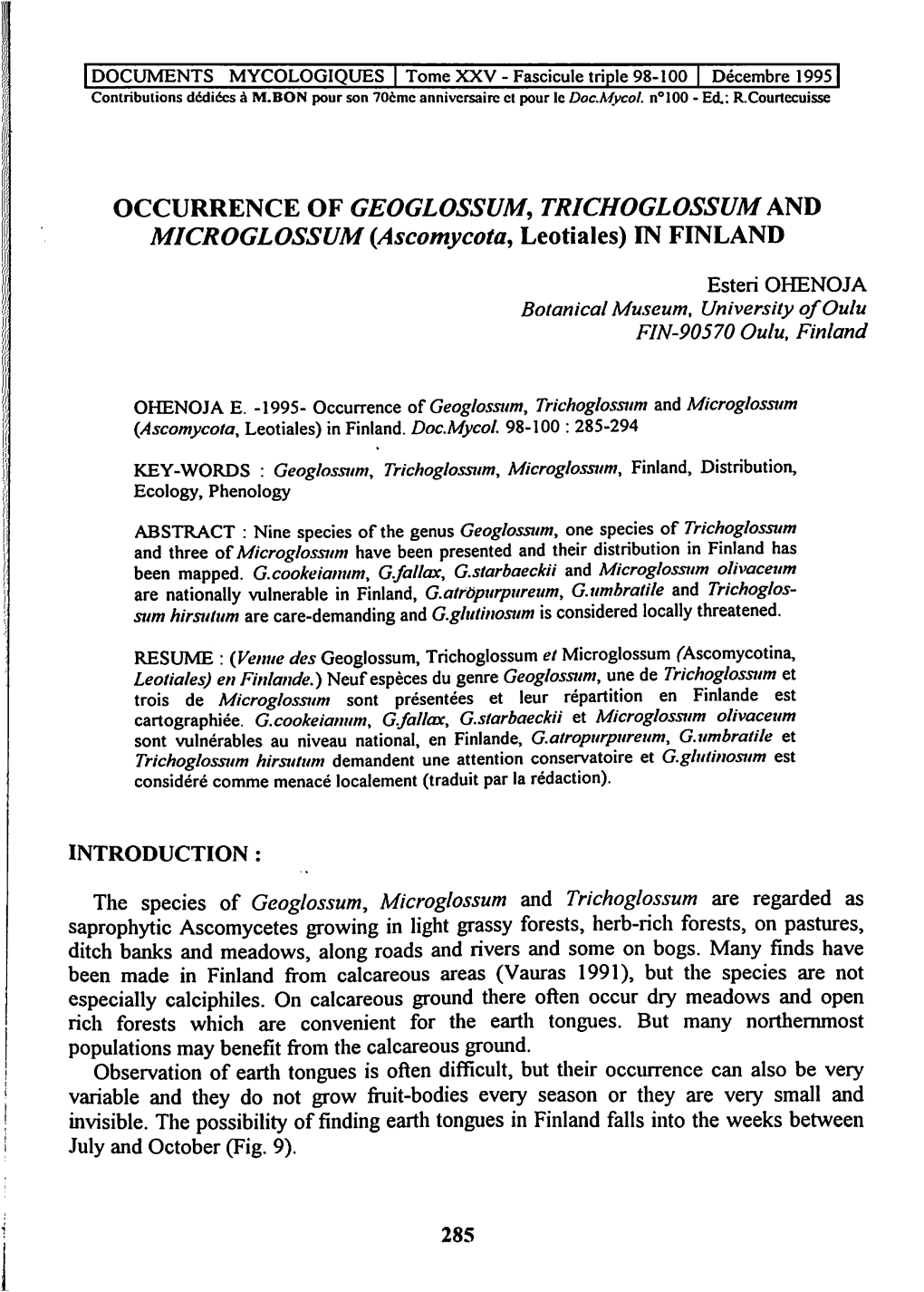 OCCURRENCE of GEOGLOSSUM, TRICHOGLOSSUM and MICROGLOSSUM (Ascomycota, Leotiales) in FINLAND