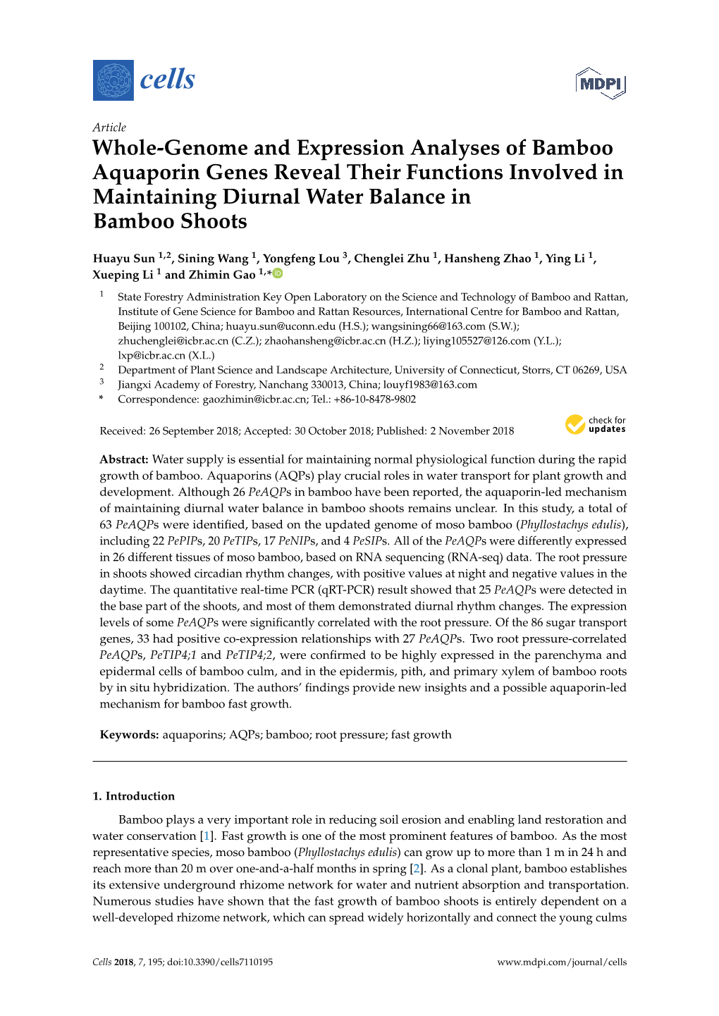 Whole-Genome and Expression Analyses of Bamboo Aquaporin Genes Reveal Their Functions Involved in Maintaining Diurnal Water Balance in Bamboo Shoots