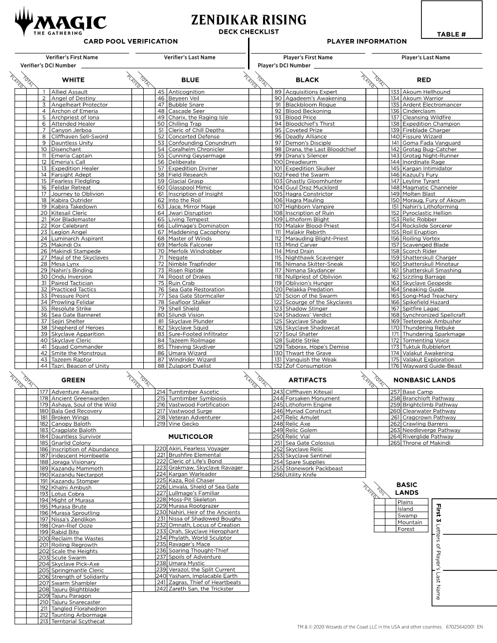 Zendikar Rising Deck Checklist Table # Card Pool Verification Player Information