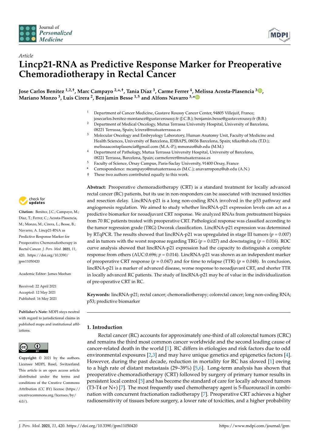 Lincp21-RNA As Predictive Response Marker for Preoperative Chemoradiotherapy in Rectal Cancer