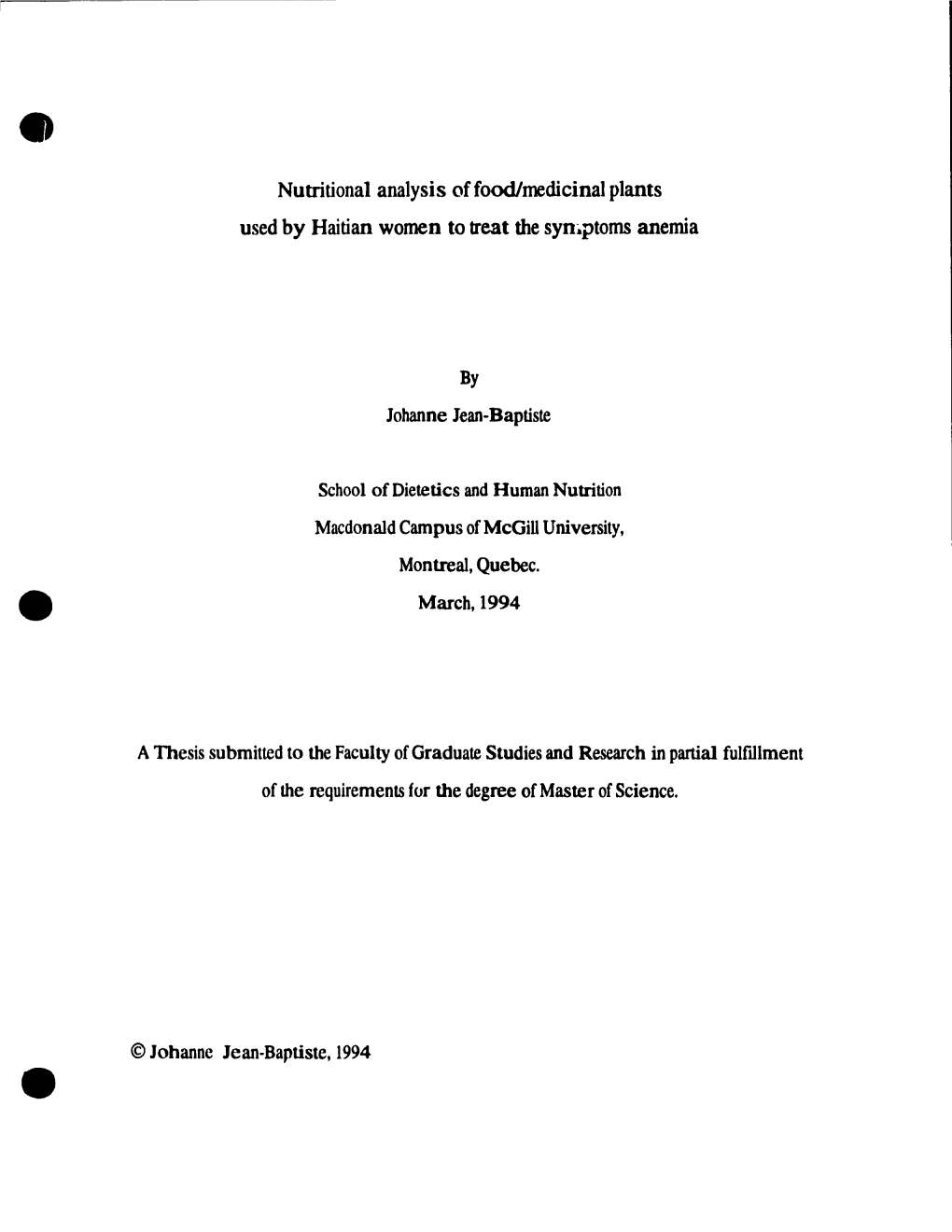 Nutritional Analysis of Foodlmedicinal Plants Used by Haitian Women to Treat the Syn.Ptoms Anemia