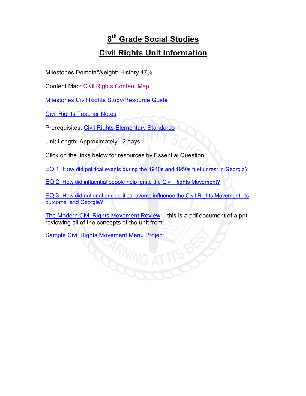 8 Grade Social Studies Civil Rights Unit Information