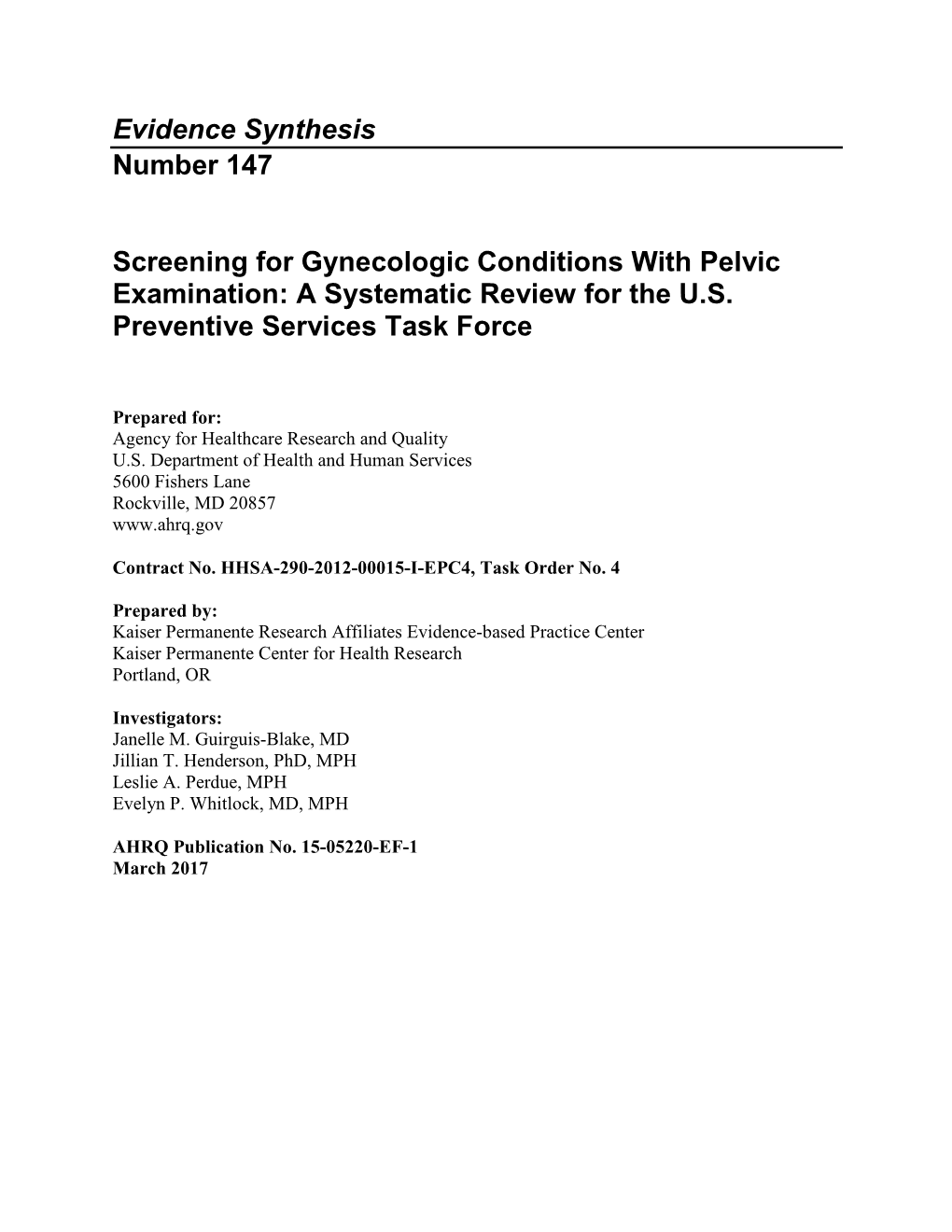 Screening for Gynecologic Conditions with Pelvic Examination: a Systematic Review for the U.S