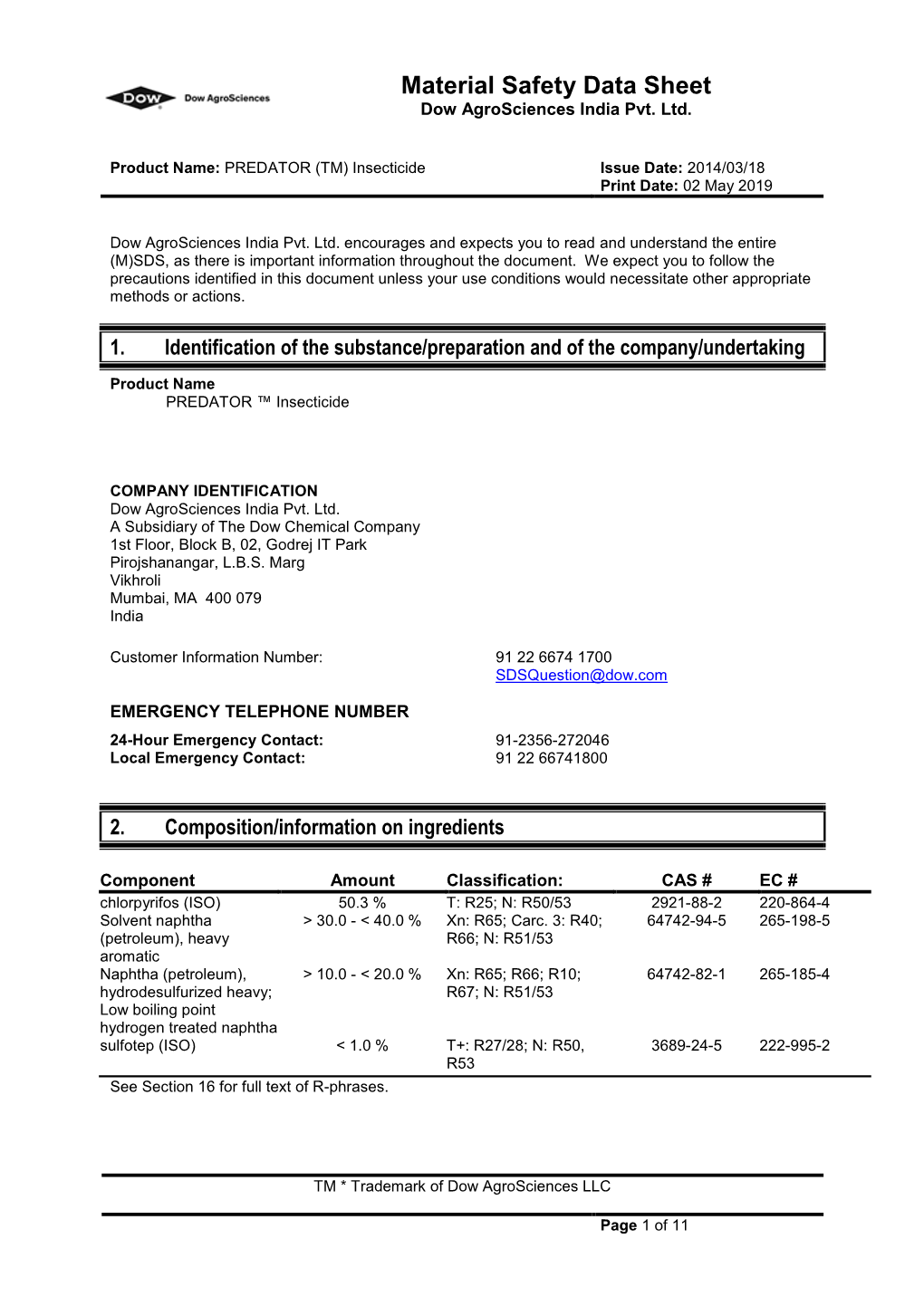 Material Safety Data Sheet Dow Agrosciences India Pvt