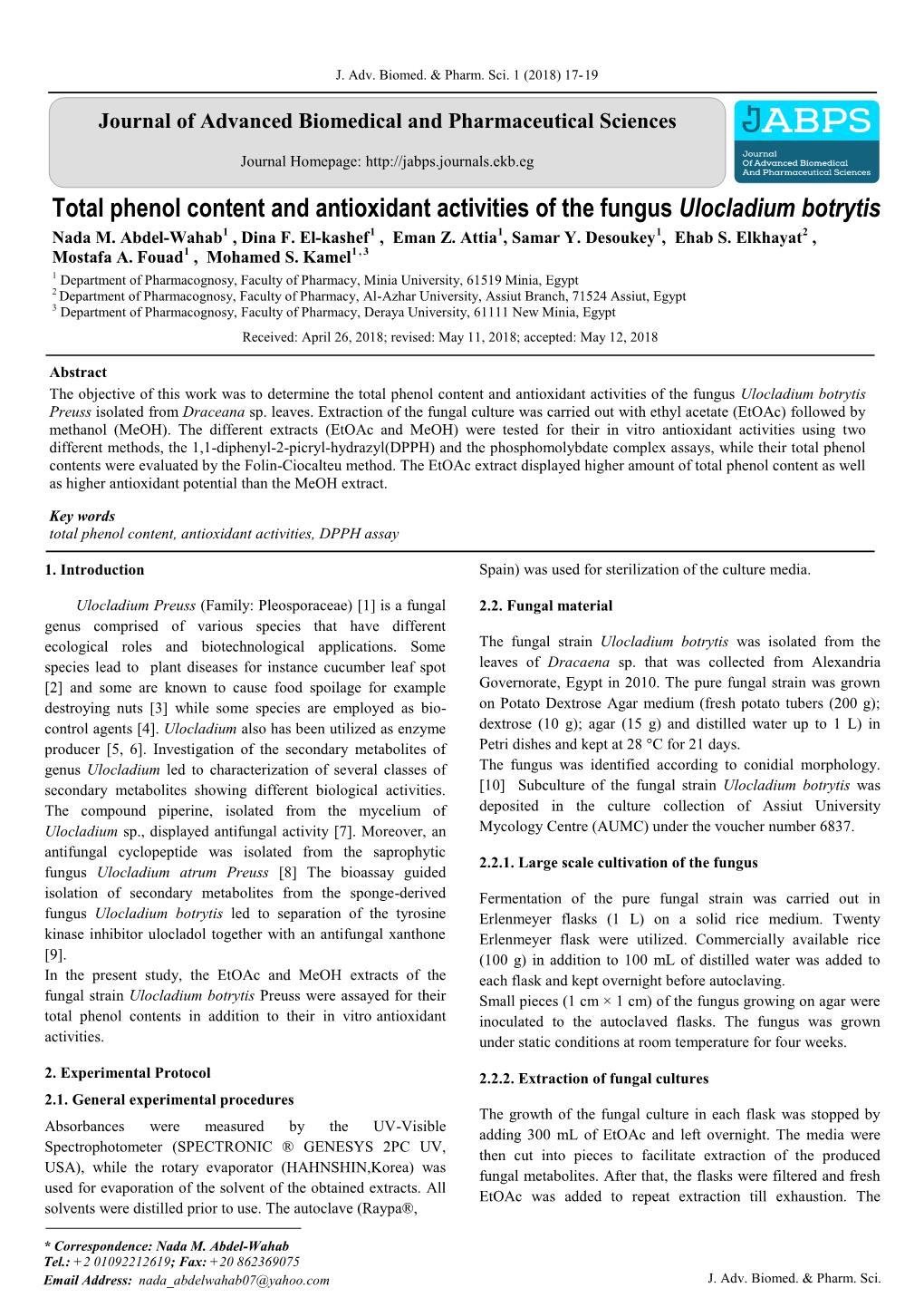 Total Phenol Content and Antioxidant Activities of the Fungus Ulocladium Botrytis 1 1 1 1 2