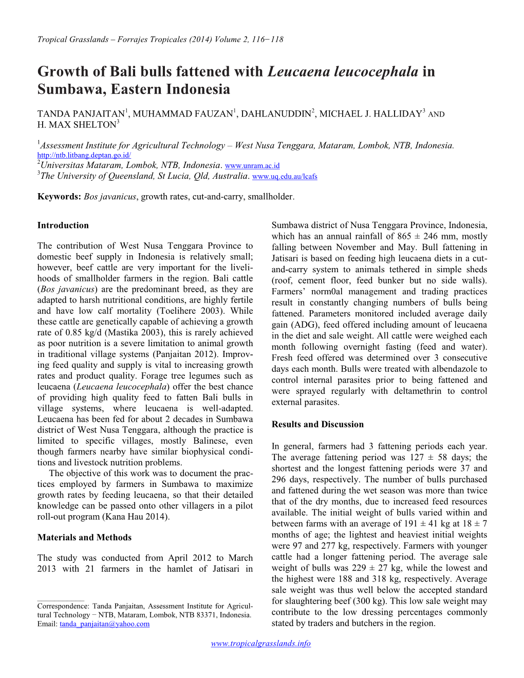 Growth of Bali Bulls Fattened with Leucaena Leucocephala in Sumbawa, Eastern Indonesia