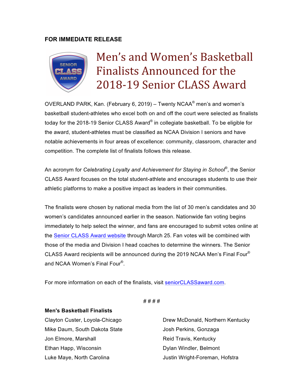 Men's and Women's Basketball Finalists Announced for the 2018