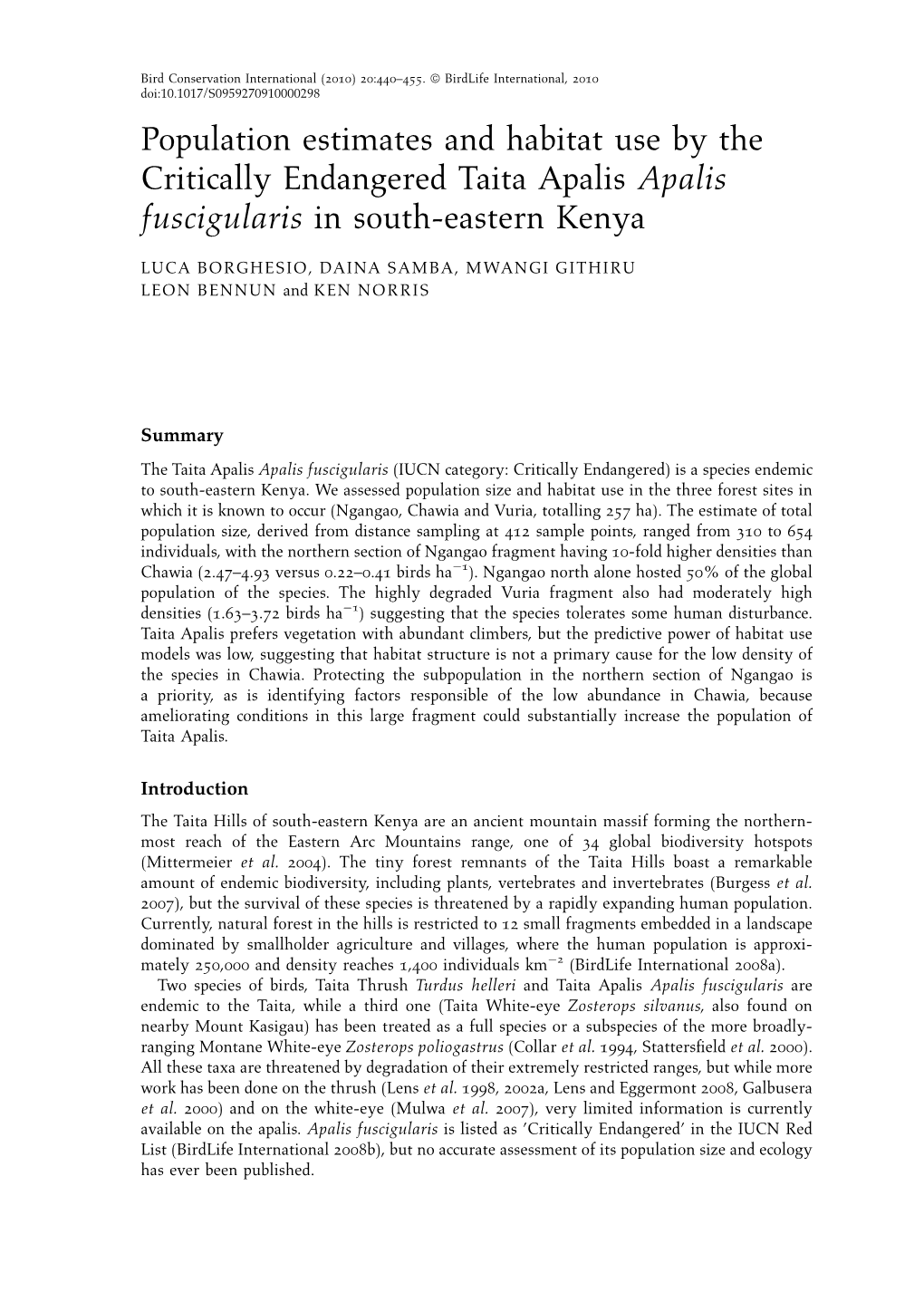 Population Estimates and Habitat Use by the Critically Endangered Taita Apalis Apalis Fuscigularis in South-Eastern Kenya