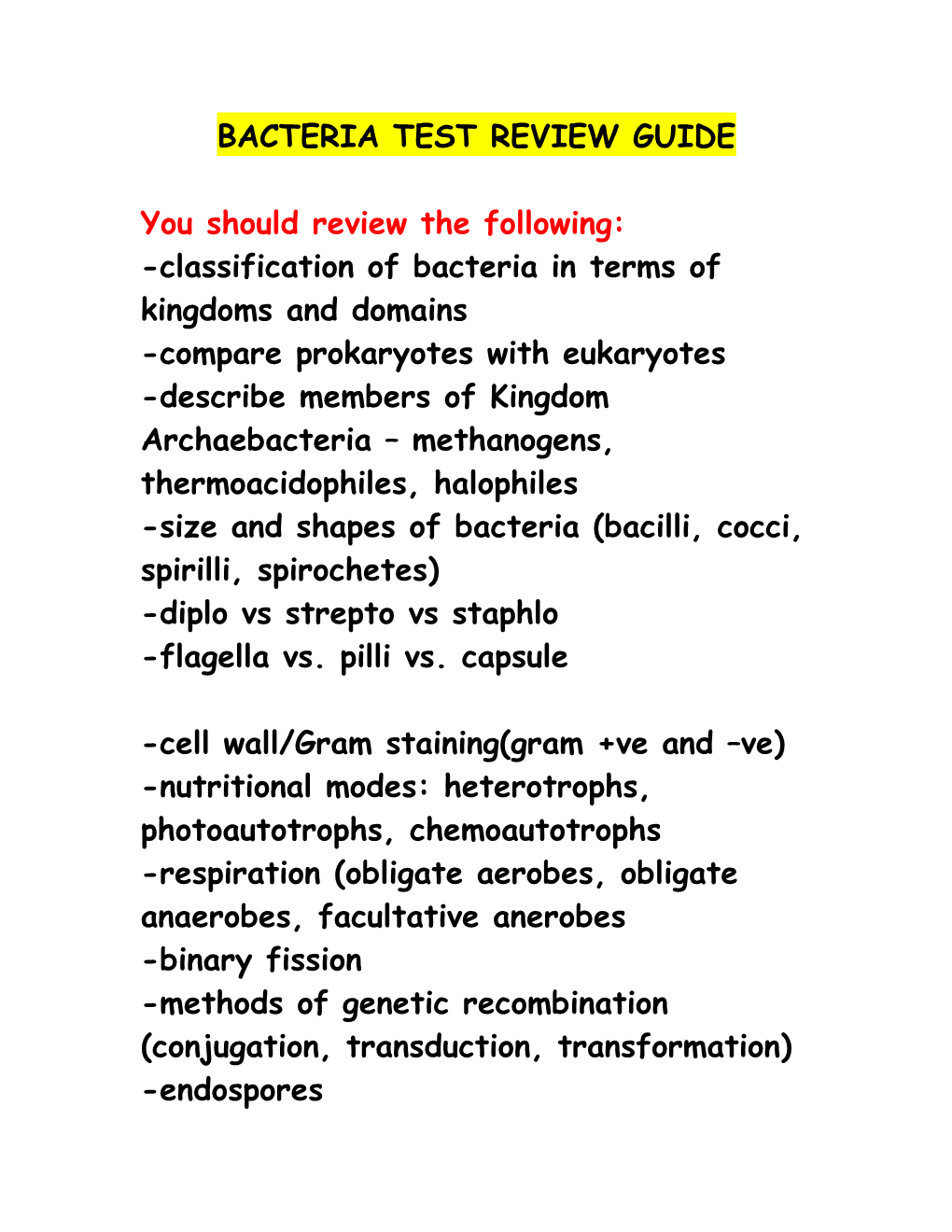 Bacteria Test Review Guide