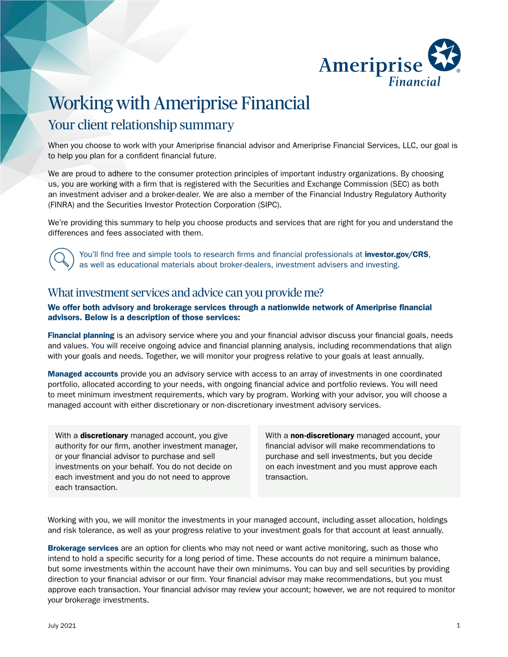Ameriprise Financial Client Relationship Summary