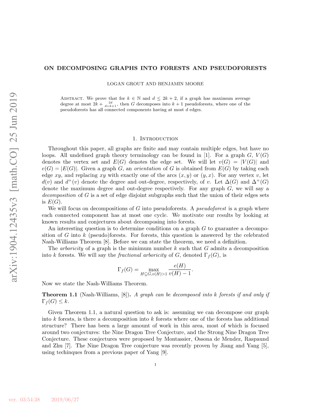 Arxiv:1904.12435V3 [Math.CO] 25 Jun 2019 Iinof Sition D Eoetemxmmdge N U-Erersetvl.For Respectively