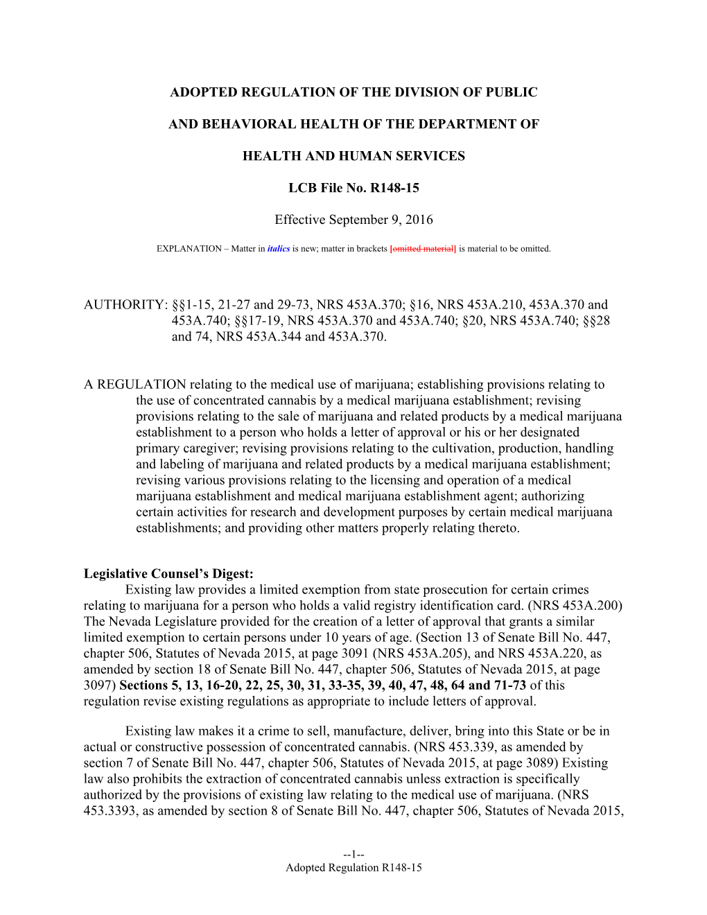 ADOPTED REGULATION of the DIVISION of PUBLIC and BEHAVIORAL HEALTH of the DEPARTMENT of HEALTH and HUMAN SERVICES LCB File No. R