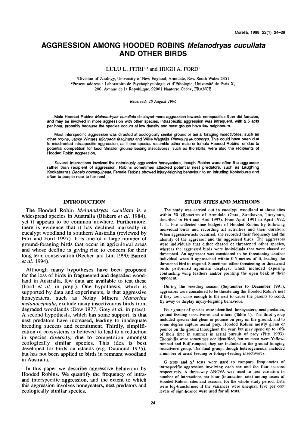 Aggression Among Hooded Robins Melanodryas Cucullata and Other