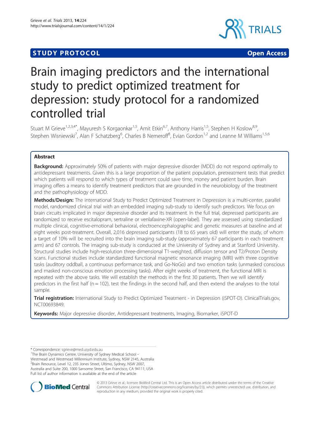 Brain Imaging Predictors and the International Study to Predict Optimized Treatment for Depression: Study Protocol for a Randomi