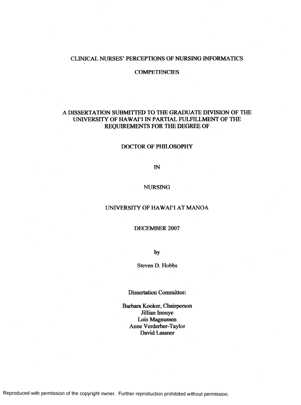 Clinical Nurses' Perceptions of Nursing Informatics Competencies a Dissertation Submitted to the Graduate Division of the Univ