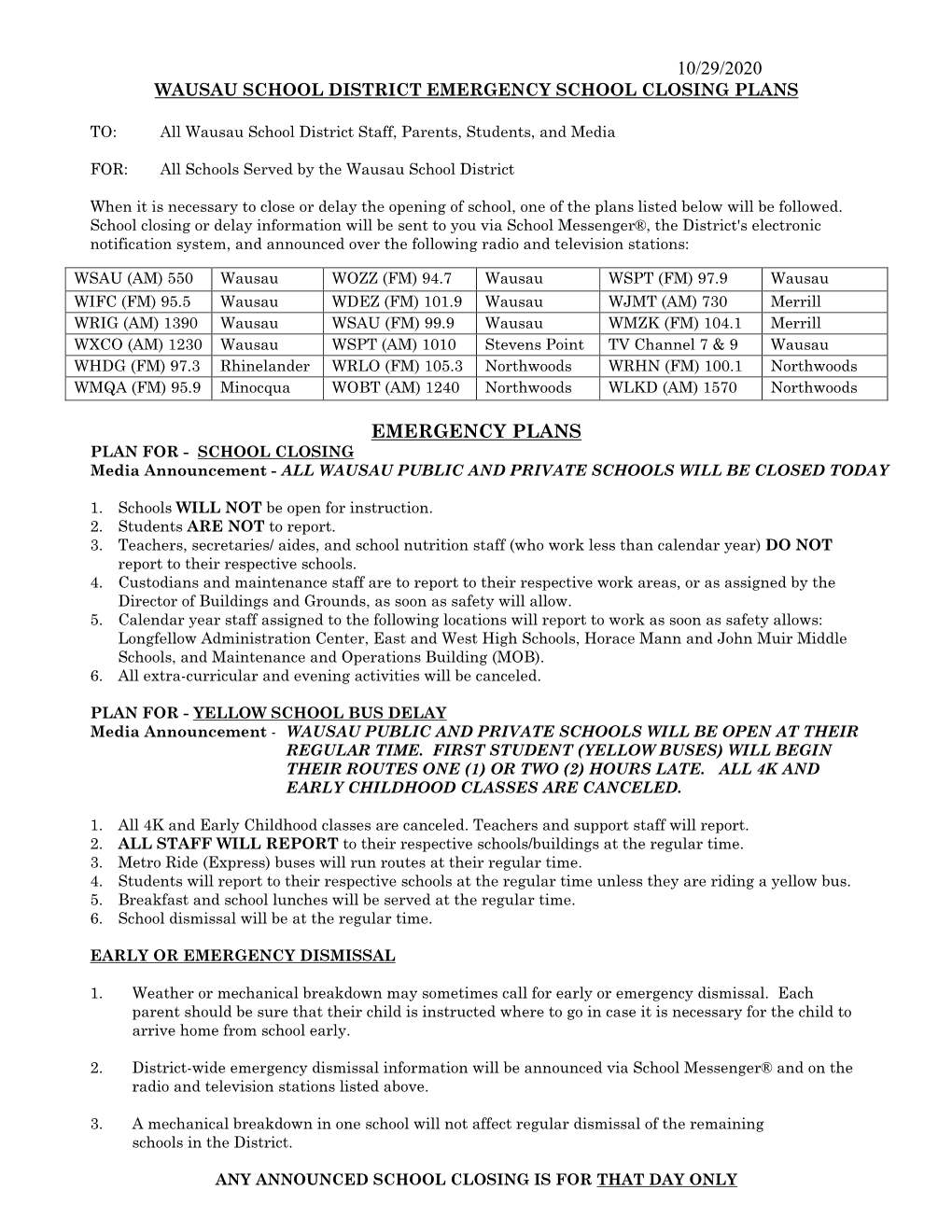 Emergency School Closing Plans