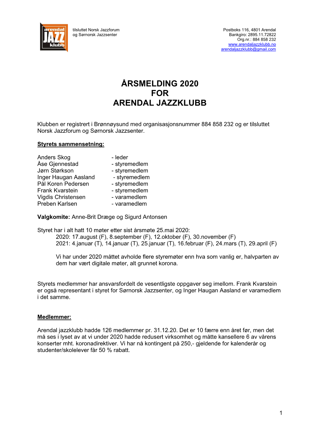 Årsmelding 2020 for Arendal Jazzklubb