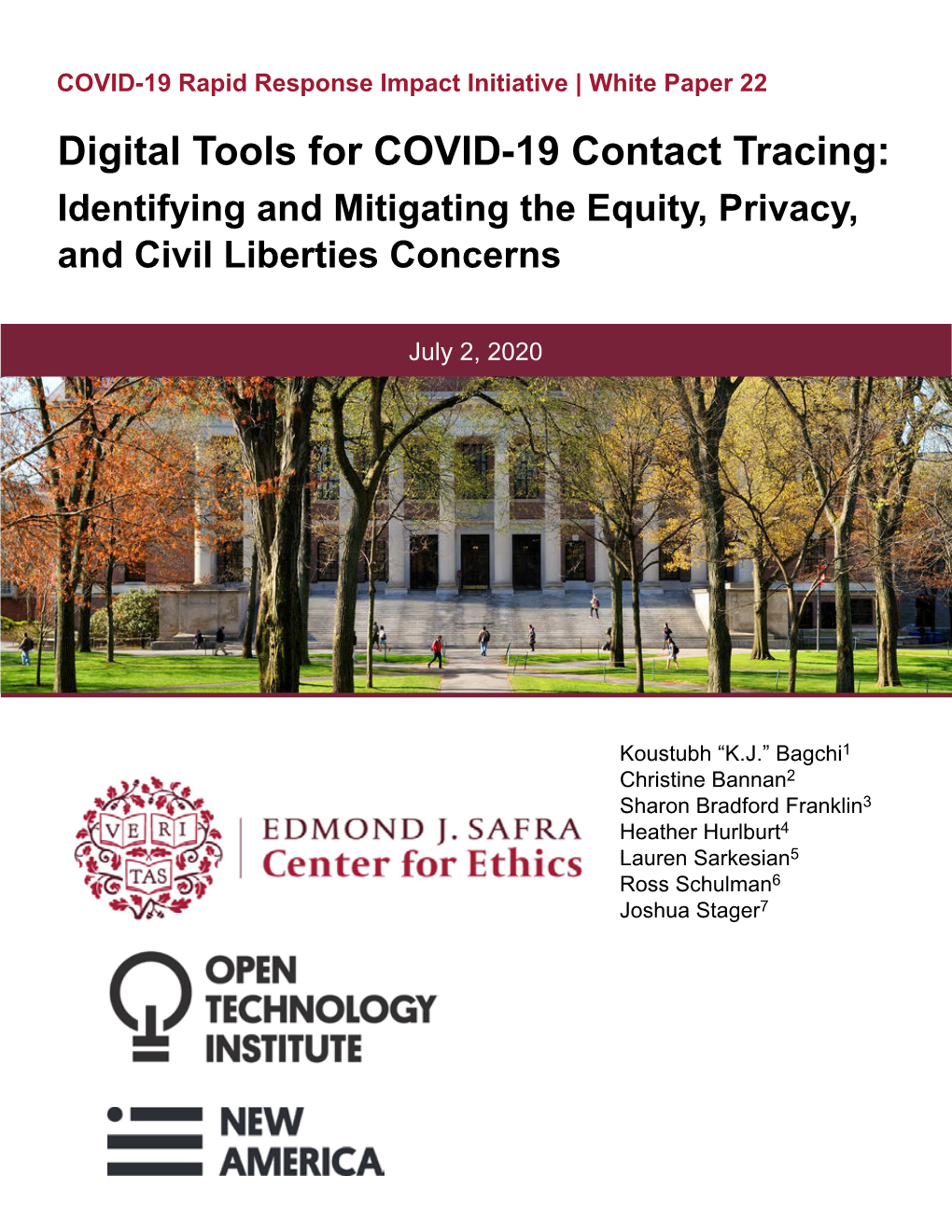 White Paper 22 Digital Tools for COVID-19 Contact Tracing: Identifying and Mitigating the Equity, Privacy, and Civil Liberties Concerns