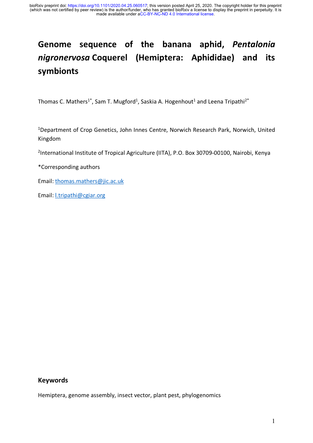 Genome Sequence of the Banana Aphid, Pentalonia Nigronervosa Coquerel (Hemiptera: Aphididae) and Its Symbionts