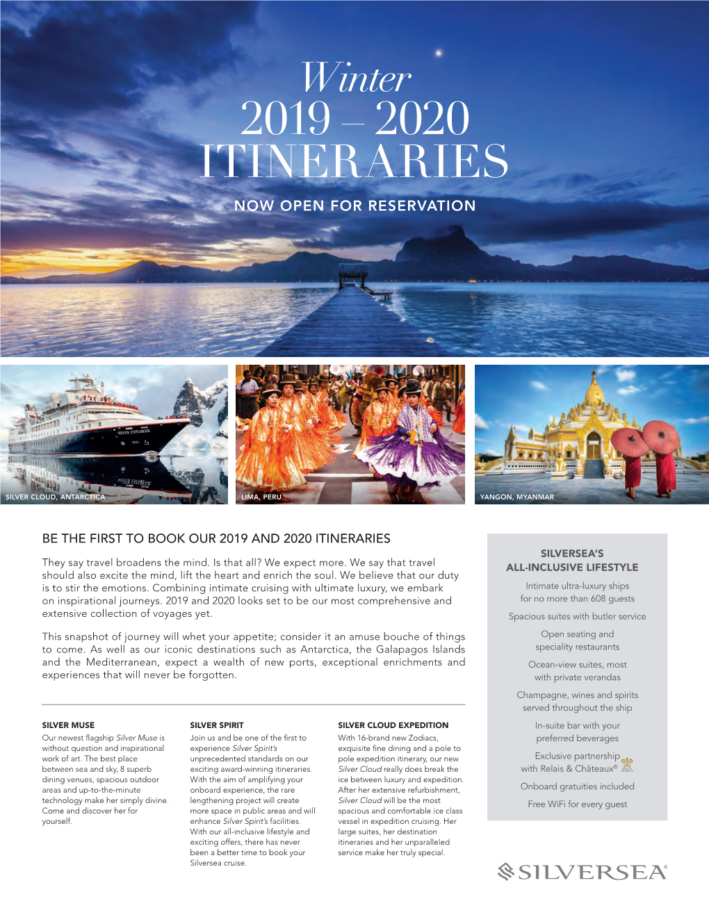 Winter 2019 – 2020 ITINERARIES NOW OPEN for RESERVATION