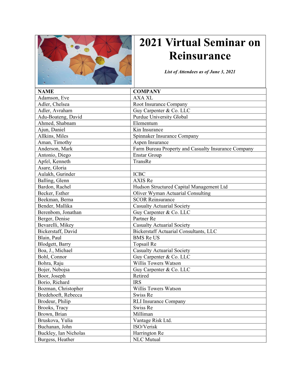 2021 Virtual Seminar on Reinsurance