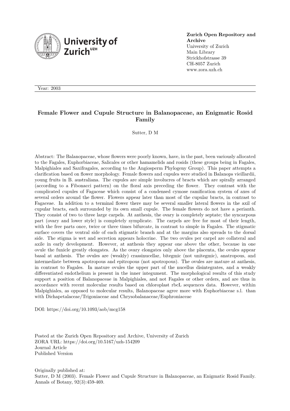 Female Flower and Cupule Structure in Balanopaceae, an Enigmatic Rosid Family